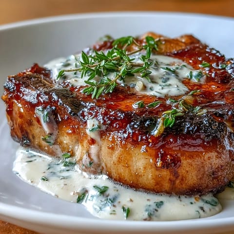 2. Saftige Schweinekoteletts in einer reichhaltigen Dijon-Cremesauce, garniert mit frischem Thymian und begleitet von aromatischem, geröstetem Rosenkohl.