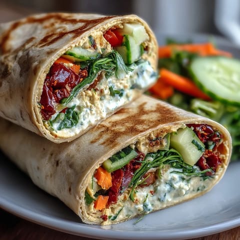 2. Mediterrane Gemüse-Wraps gefüllt mit würzigem Hummus aus sonnengetrockneten Tomaten und frischem Grünzeug.  