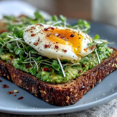 Reichhaltiger Avocado-Toast mit cremigem Avocado-Püree, perfekt weich gekochtem Ei und knackigen Microgreens auf Vollkornbrot.  