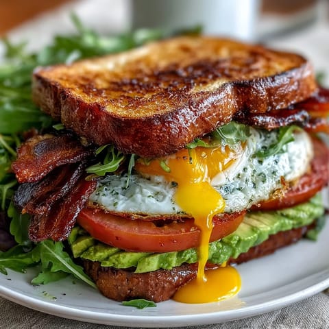 Sourdough-Avocado-BLT-Frühstücksstapel mit flüssigem Ei auf einem Teller mit frischem Gemüse und knusprigem Speck.