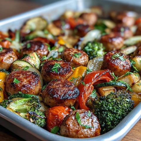 Ein bunter Blechpfannengericht mit buntem Gemüse und Würstchen, perfekt für ein gesundes Familienessen.