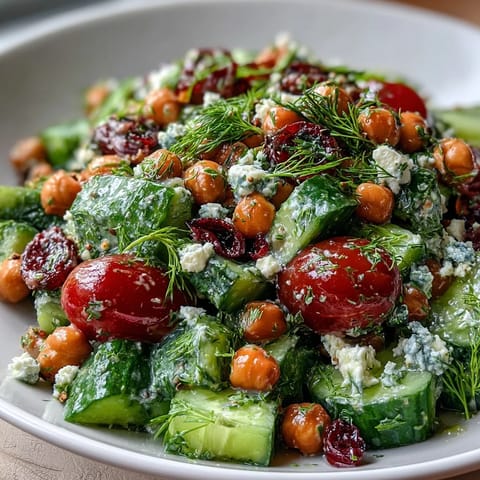 2. Mediterraner Kichererbsensalat mit knackigen Gurken, Kirschtomaten, rotem Zwiebeln und zerbröseltem Feta für einen erfrischenden Genuss.