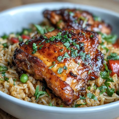 2. Würziges portugiesisches Hühnchen und Reis, perfekt gewürzt und in einem Topf gegart – mit Paprika, Erbsen und frischen Kräutern garniert.