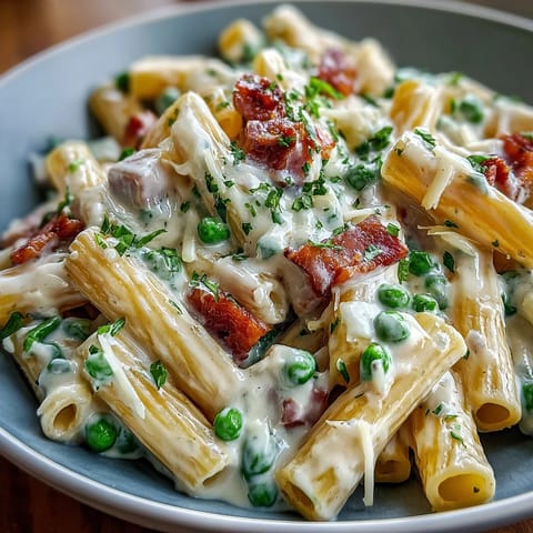 Creamy Leek, Pea, and Ham Pasta in einer Pfanne mit goldgelben Lauch und grünen Erbsen, überzogen mit einer reichen Sahnesauce.