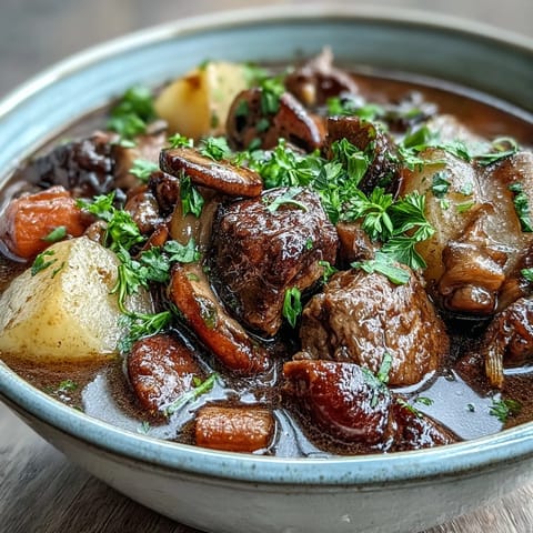 1. Herzhafter veganer irischer Eintopf mit Pilz-Fleisch und Wurzelgemüse in reichhaltiger Gemüsebrühe.