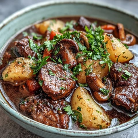 2. Vegane irische Eintopf-Schüssel mit goldgelben Kartoffeln, Karotten und herzhaftem Pilz-Fleisch, garniert mit frischer Petersilie.