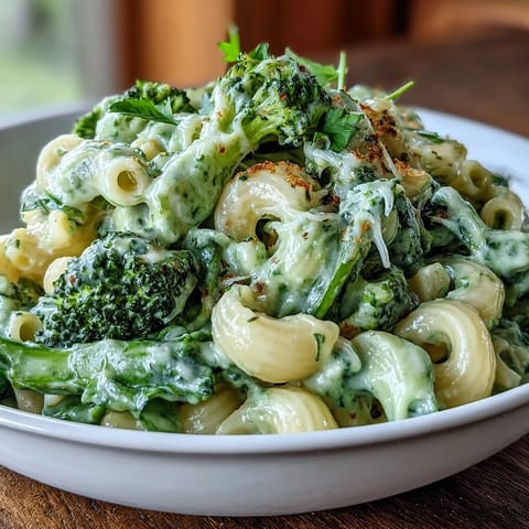Grünes Mac and Cheese mit Spinat und Brokkoli: cremige, käsige Pasta mit frischem Gemüse für ein farbenfrohes Wohlfühlgericht.  