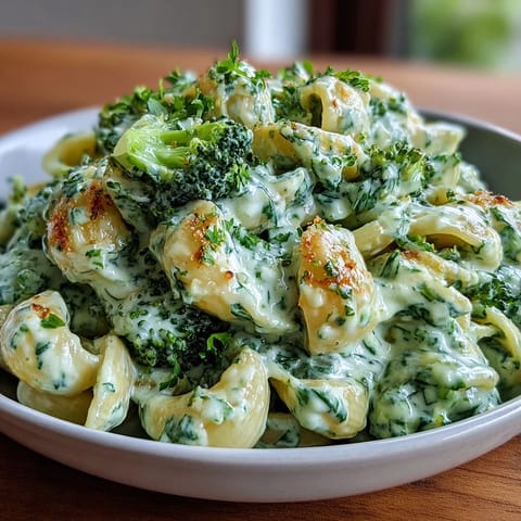 Nährstoffreiches grünes Mac and Cheese: zartes Nudelgericht mit Spinat-Brokkoli-Sauce und geschmolzenem Käse.  