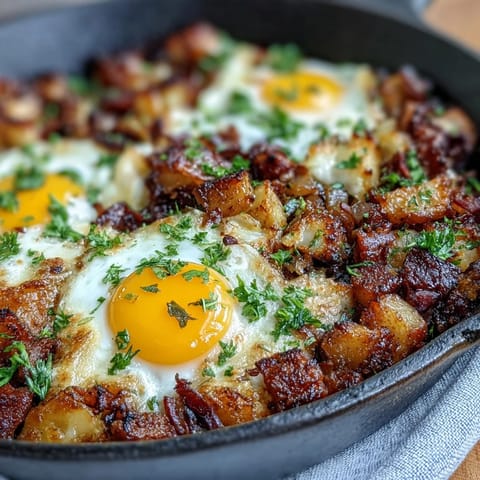 Corned Beef Hash Breakfast Skillet mit goldenen Kartoffeln und knusprigem Corned Beef, gekrönt von perfekt pochierten Eiern.  