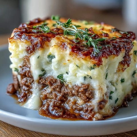 Shepherds Pie mit Blumenkohl-Püree-Topping, herzhaft und goldbraun aus dem Ofen.  
