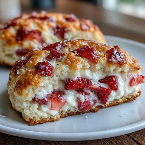 2. Zarte Shortcake-Kekse mit Cottage Cheese und saftigen Erdbeeren, perfekt für ein leichtes, süßes Dessert.
