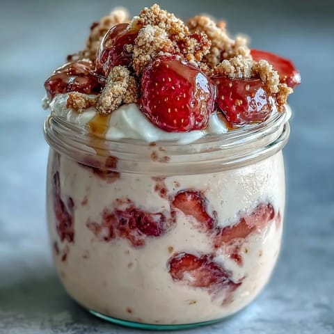Reiche, cremige Erdbeer-Käsekuchen-Übernacht-Haferflocken mit knusprigen Graham-Cracker-Streuseln, perfekt für ein gesundes Frühstück oder Dessert.  