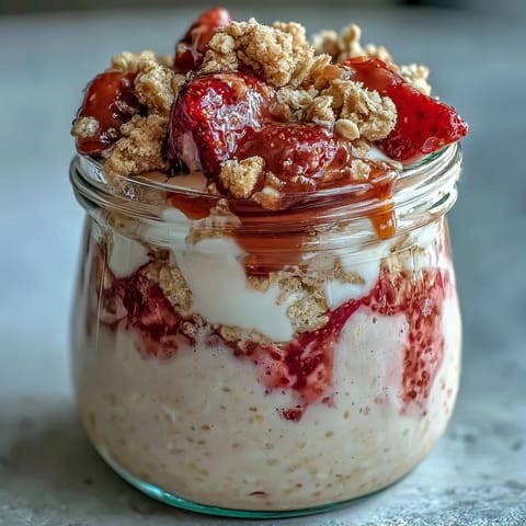 Erdbeer-Käsekuchen-Übernacht-Haferflocken mit frischen Beeren und cremigem Joghurt, ideal für einen einfachen, vorbereiteten Morgen.  