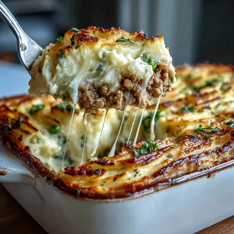 1. Eine goldbraune Schicht cremiger Kartoffel-Kohlrabi-Püree über einer würzigen Puten-Fleischmischung mit Erbsen und Karotten.