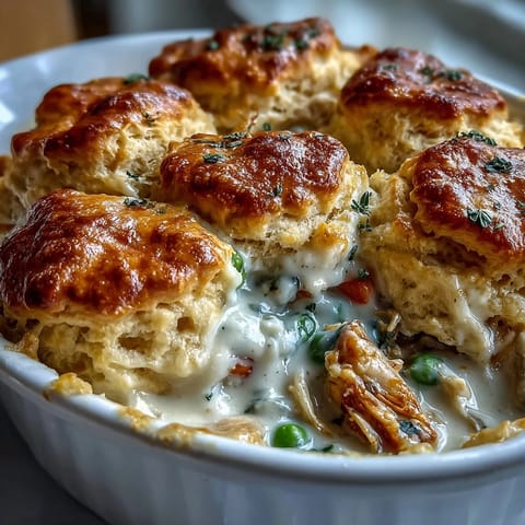 Creamy Chicken Pot Pie mit Biscuit Topping auf einem rustikalen Teller, goldbraune Kekse über cremigem Hühnchen und Gemüse.