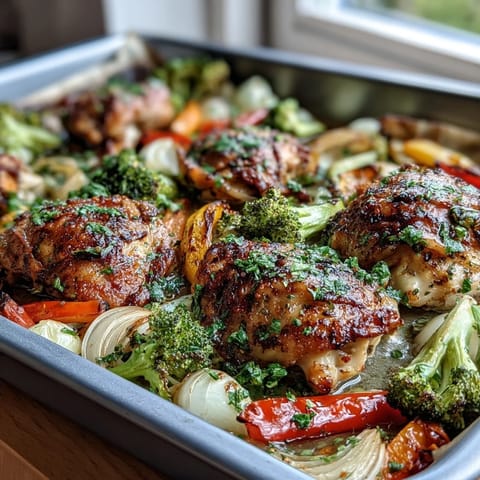 Gesunde 5-Zutaten Blechpfanne Hühnchen und Gemüse mit zartem Hühnchen und buntem, geröstetem Gemüse.  