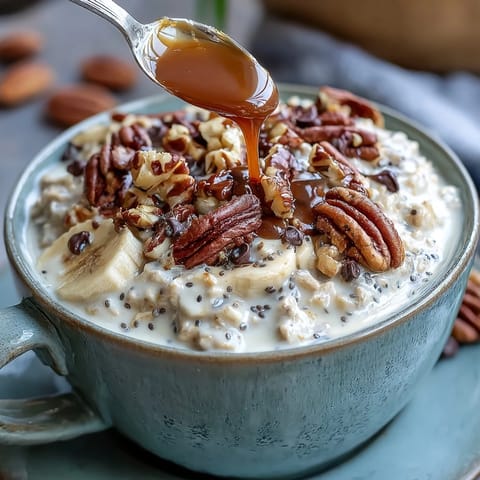 Proteinreiche Overnight Oats mit Cookie-Dough-Geschmack, cremig mit Schokoladenstückchen und Nüssen, perfekt für ein nahrhaftes Frühstück.