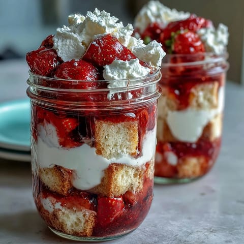 Frische Erdbeer-Shortcake-Mason-Gläser mit fluffigen Shortcake-Schichten, saftigen Erdbeeren und cremiger Sahne.