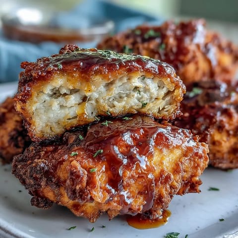 Goldbraune, knusprige Hühnchenstücke aus dem Ofen, überzogen mit einer scharf-süßen Honig-Sauce.