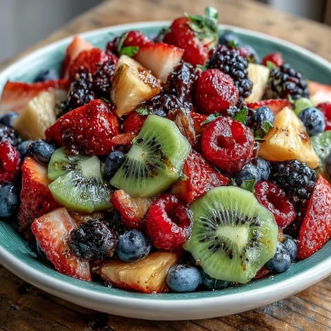 Frischer Frühlingsfrucht-Teller mit Joghurt-Dip – farbenfrohe Beeren, Ananas und Kiwi mit süß-saurem Honig-Joghurt-Dip.  