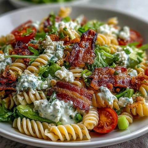 1. BLT Pasta Salad mit Speck und Avocado: Cremige Pasta, knuspriger Speck und frische Tomaten in einer leichten Dressing-Sauce.  