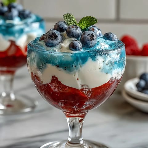 Festliche rote, weiße und blaue Jello-Schichten in klaren Tassen für patriotische Feiern.