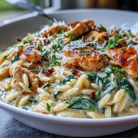 Zitronen-Orzo mit Hähnchen und Spinat – cremig, frisch und voller Geschmack, perfekt für ein gemütliches Abendessen.