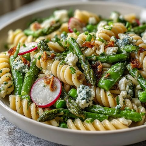 Frischer Frühlings-Nudelsalat mit Zitronen-Vinaigrette und Radieschen, bunt und knackig mit frischem Gemüse.