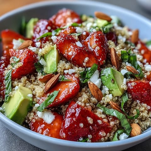 Eine leuchtende Erdbeer-Avocado-Quinoa-Salat mit frischen Beeren, cremiger Avocado und zitronigem Dressing.
