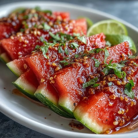 Saftige Wassermelonen-Scheiben mit würzigem Tajin und frischem Limettensaft – ein erfrischender Snack mit mexikanischem Touch.