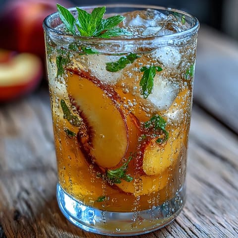 Erfrischendes gefrorenes Pfirsich-Grüntee-Limonaden-Getränk im Starbucks-Stil, garniert mit Pfirsichspalten.