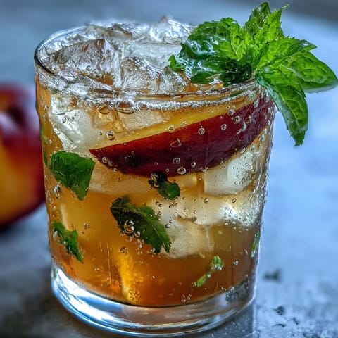 Iced Peach Green Tea Lemonade: Süße Pfirsiche, spritzige Zitrone und belebender grüner Tee.