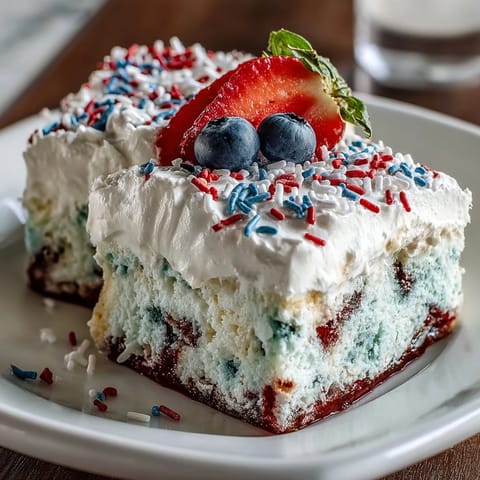 Festlicher Memorial Day Red White Blue Poke Cake mit bunten Gelatinen.