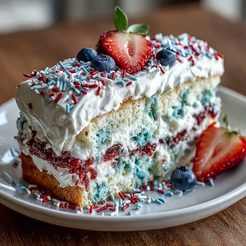 Farbenfroher Memorial Day Red White Blue Poke Cake, überzogen mit Sahne.