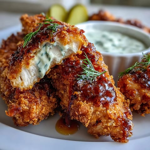 Knusprige Pickle Brine Chicken Tenders mit goldbrauner Panade, perfekt gedippt.