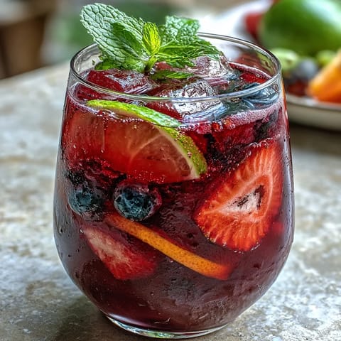 Erfrischender Eistee mit Hibiskus und Beeren, garniert mit bunten Früchten.
