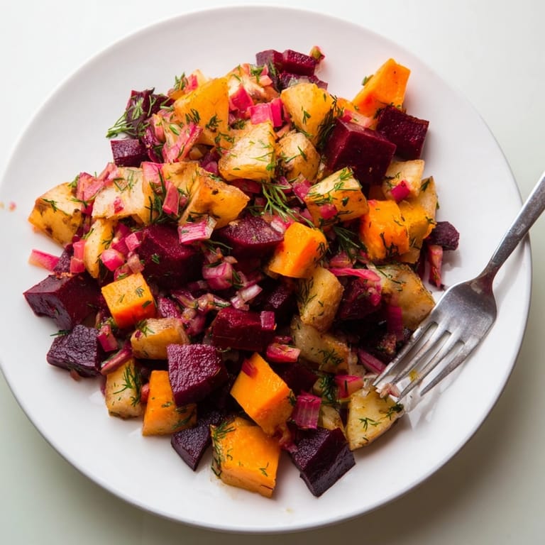 Ein herzhafter Kartoffel- und Rote-Bete-Salat mit Dill, angerichtet, perfekt für ein Mittagessen.