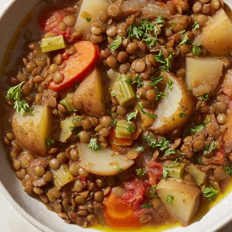 Warme Aromen und bunte Kräuter im köstlichen One-Pot-Linseneintopf, perfekt für jeden Tag.