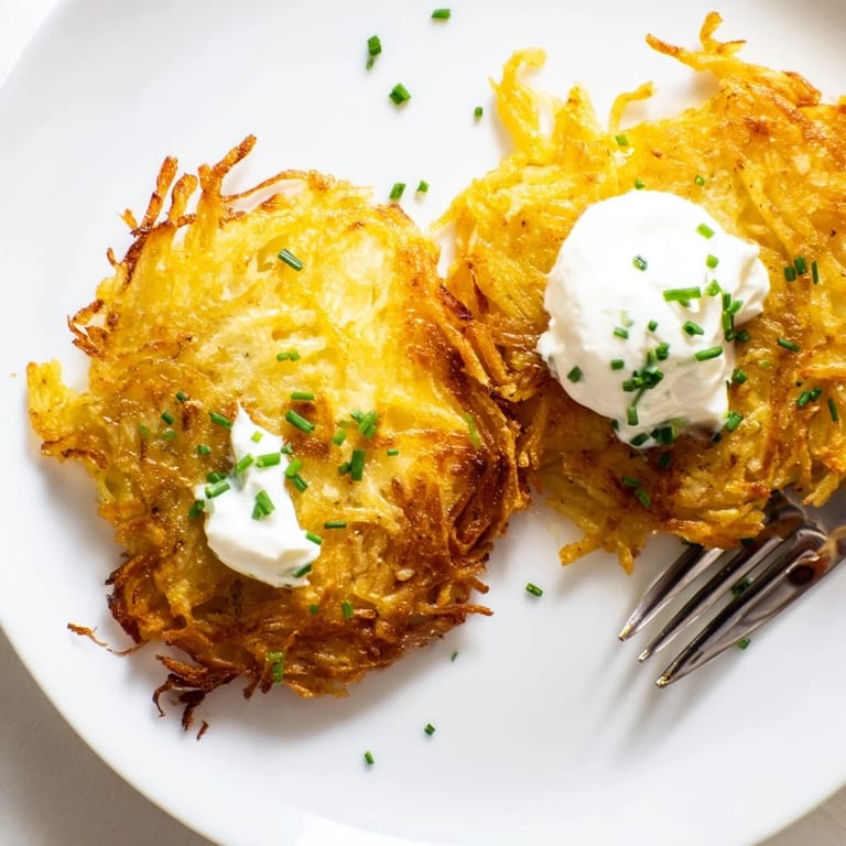 Herzhafte Kartoffelpuffer mit krosser Textur, ideal mit Sauerrahm als Beilage.  