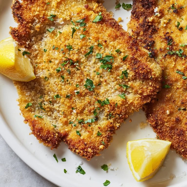Tender, golden-brown Pork Schnitzel garnished with parsley, perfect for dinner parties.  