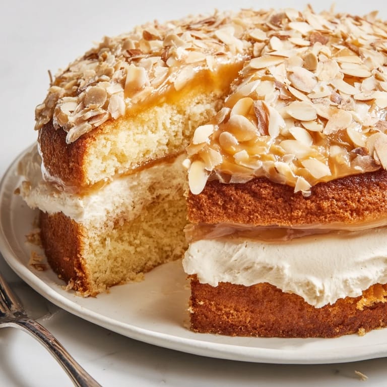 Leckerer Bienenstich-Kuchen mit goldbraunem Mandeltopping und vanilliger Sahnefüllung  