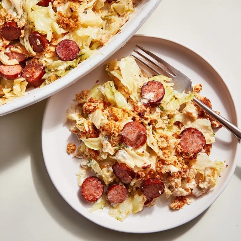 Bäckerische Kohl-Wurst-Auflauf, perfekt zum Servieren mit grünem Salat oder Brot.