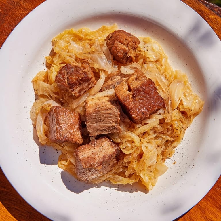 Here are three ALT image texts for a Sweet Cabbage and Pork Stew, following all the given instructions: