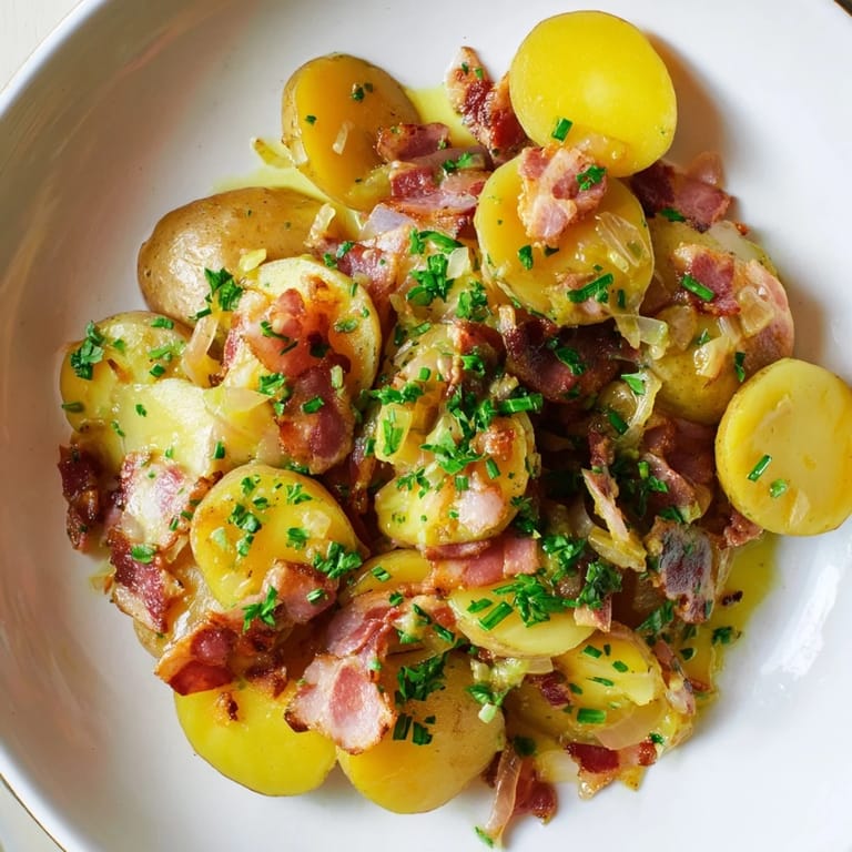 Steaming bowl of warm German potato salad, ready to serve with fresh parsley garnish.