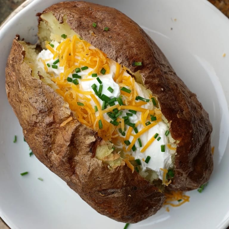 A piping hot The Ultimate Baked Potato with fluffy insides, perfect with a dollop of sour cream.