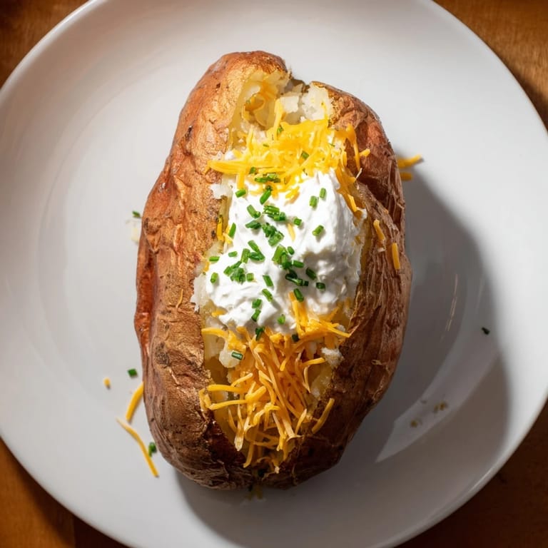 Crispy-skinned The Ultimate Baked Potato, a classic side dish, served alongside melted cheddar cheese.