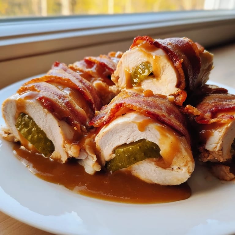 Close-up of freshly cooked chicken rouladen rolls, drizzled with gravy, a German-inspired meal.
