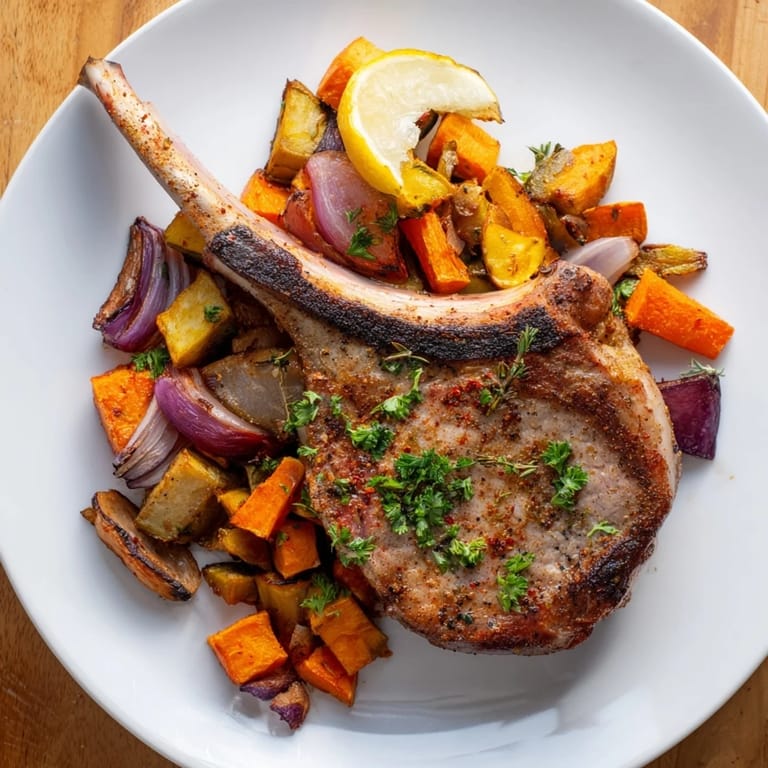 Sizzling Sheet Pan Pork Chops and roasted root vegetables provide a one-pan, gluten-free, flavorful American dinner.