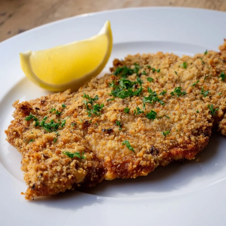 Close-up of crispy, air fryer Wiener Schnitzel, showcasing the golden breading and juicy veal.