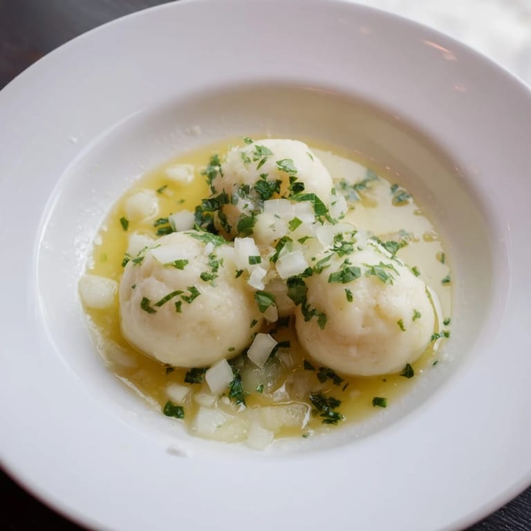 A close-up shot of hot, delicious Kartoffelklöße, perfectly plated with a creamy sauce and fresh garden vegetables.
